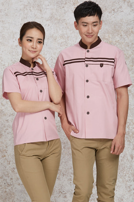 CS07-5DP 라인포인트 핑크커피 싱글반팔조리복(면혼방30수,공용상의)